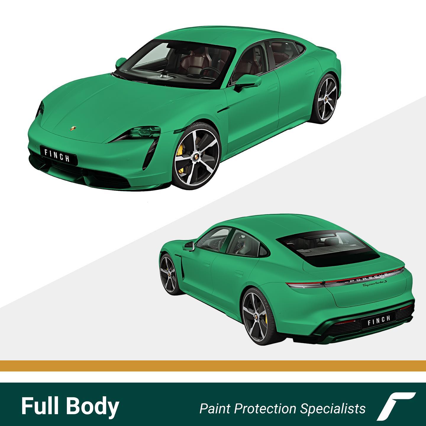 Two angles of a green sports car with full body paint protection by finch, showcased against a white background.