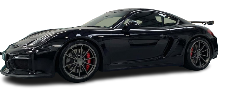 Black sports car with aerodynamic design and alloy wheels.