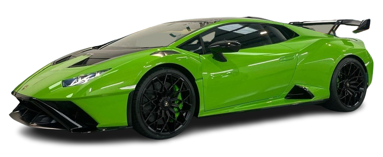 Bright green luxury sports car on a display with a sleek design and black wheels.